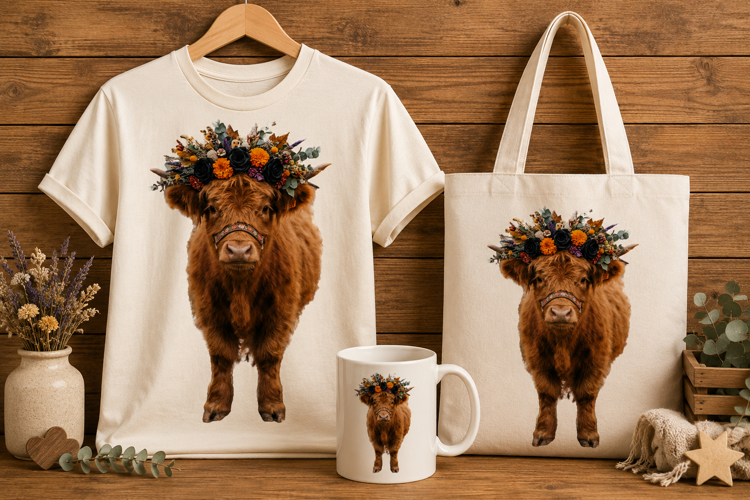 Highland Cow with Black Floral Crown Art Print