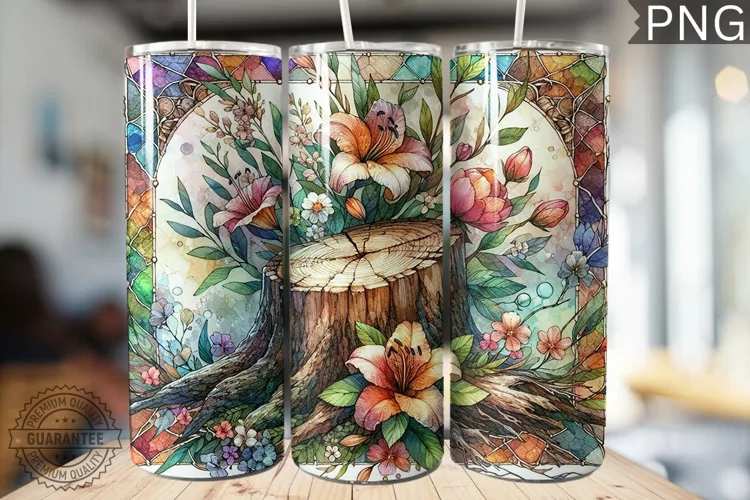 Watercolor Flower Wooden Stump Tumbler - High Quality 3Dpi