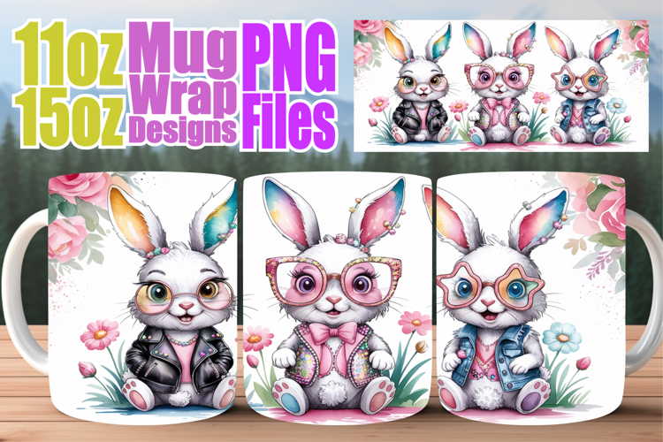 Cheerful sunsets sublimation mug wrap, Easter Bunny