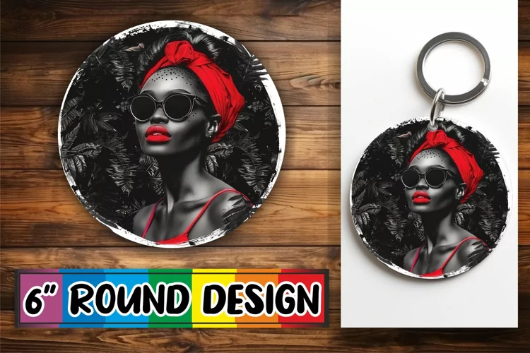 Holiday Winter Round Design Keychain Woman Portrait