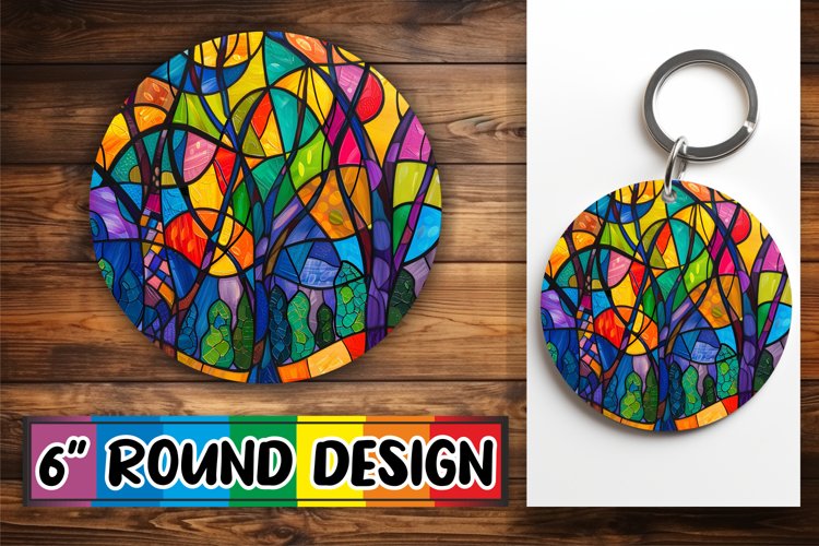 Stained Glass Tree Colorful Keychain Round Design example image 1
