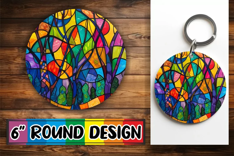 Stained Glass Tree Colorful Keychain Round Design