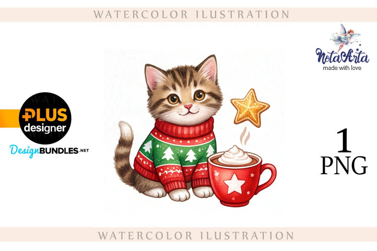 Christmas Kitten in Watercolor Style example image 1