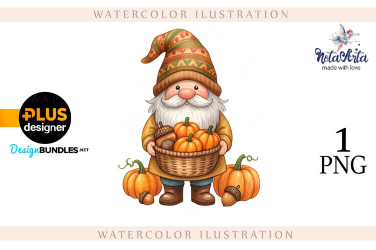 Gnomes with Pumpkin Harvest in Watercolor Style example image 1