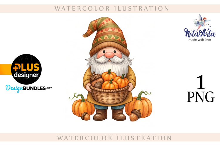 Gnomes with Pumpkin Harvest in Watercolor Style