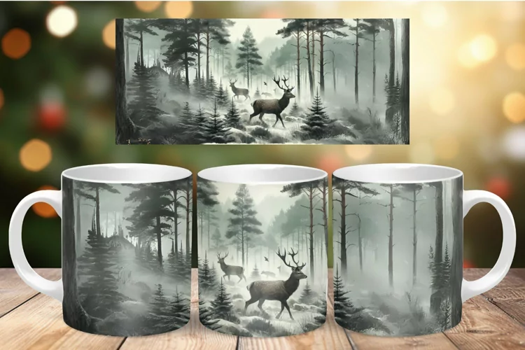 Mug Wrap Sublimation - misty forest with deer