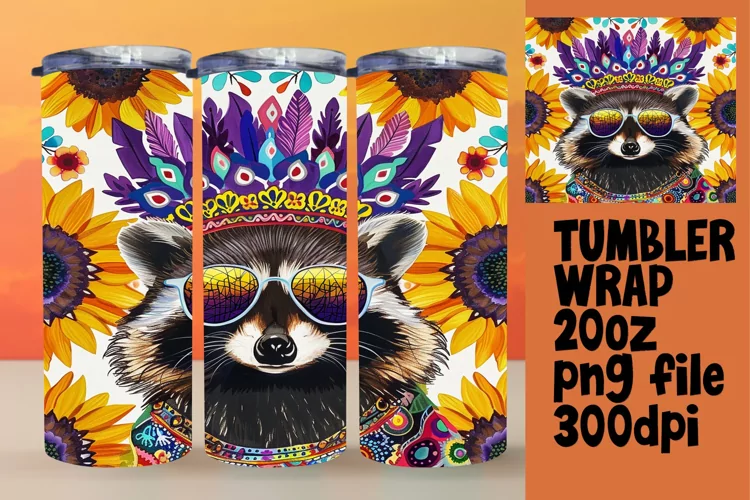 Tumbler Wrap: Joyful Raccoon with Flower Pattern