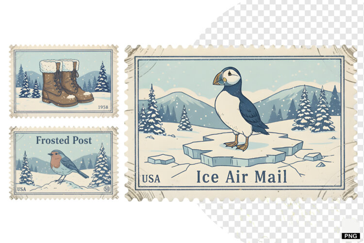 Vintage Winter Postage Stamps Clipart example image 1