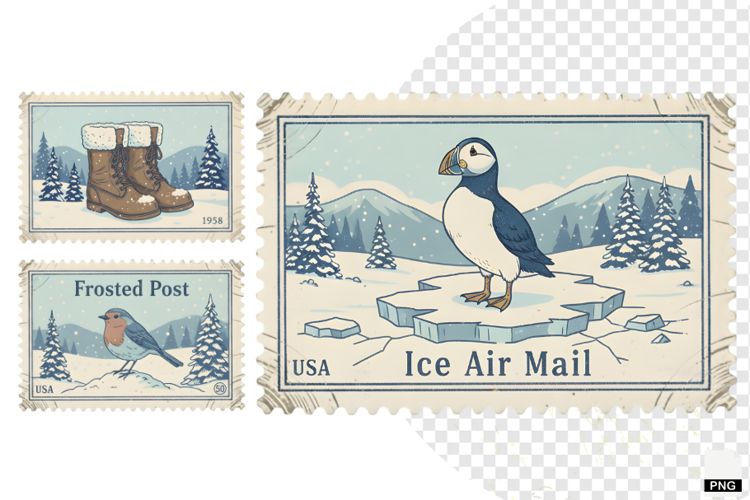 Vintage Winter Postage Stamps Clipart