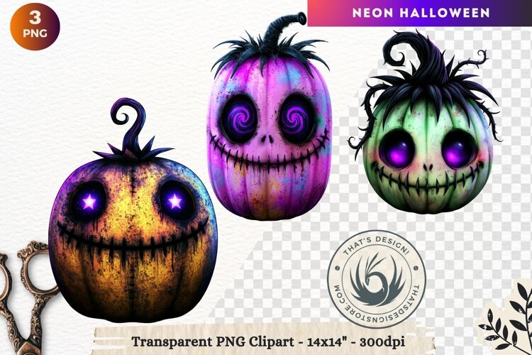 Neon Halloween Character Clipart Spooky Kawaii example image 1