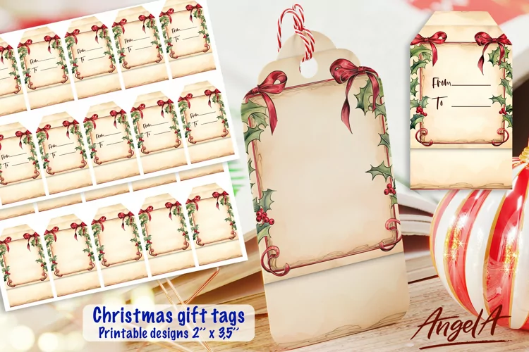 Printable Christmas gift tags, holly leaves, old paper PNG