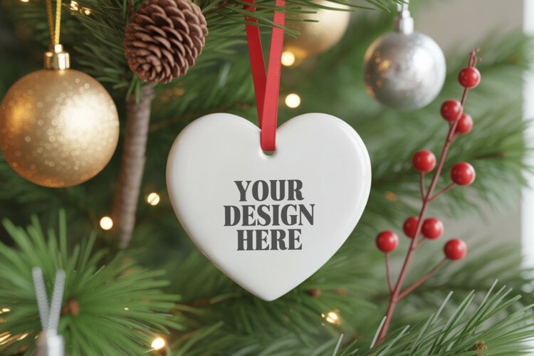 Christmas Love Heart Ornament Mockup | Holiday Hanging example image 1