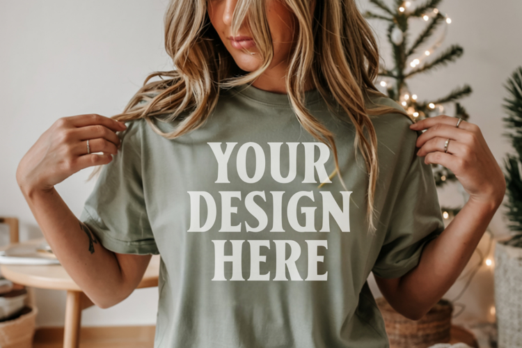 Christmas Comfort Colors 1717 Moss T-Shirt Mockup Real