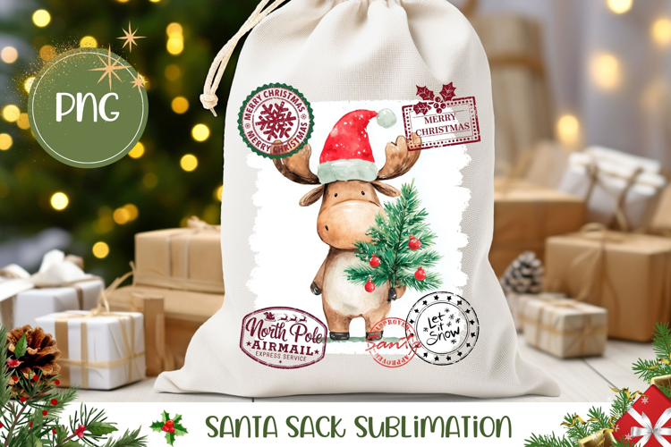 Cartoon Christmas Moose Santa Sack Template, Kids Gift Bag