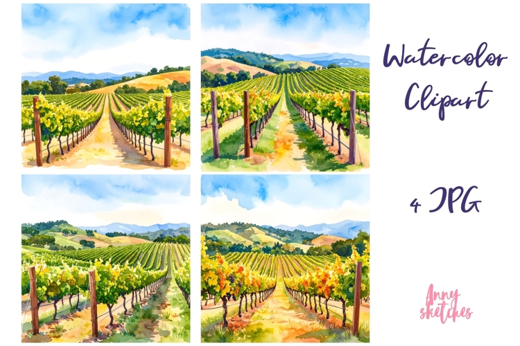 4 Napa Valley Vineyard Hills California Watercolor Clipart