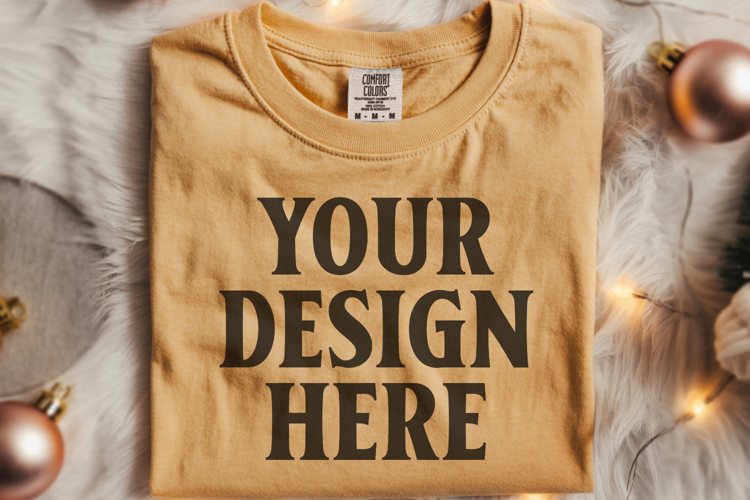 Mustard Comfort Colors 1717 Christmas Folded T-Shirt Mockup