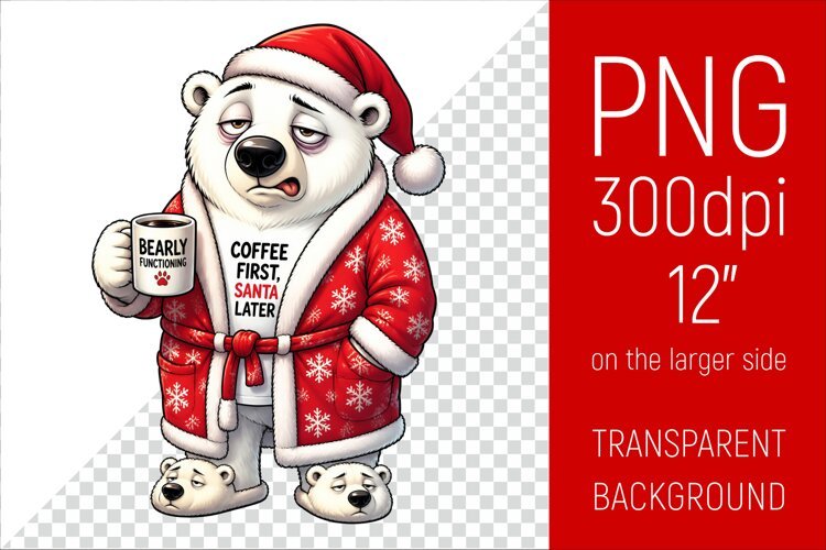 Funny Morning Coffee White Bear in Santa Hat example image 1