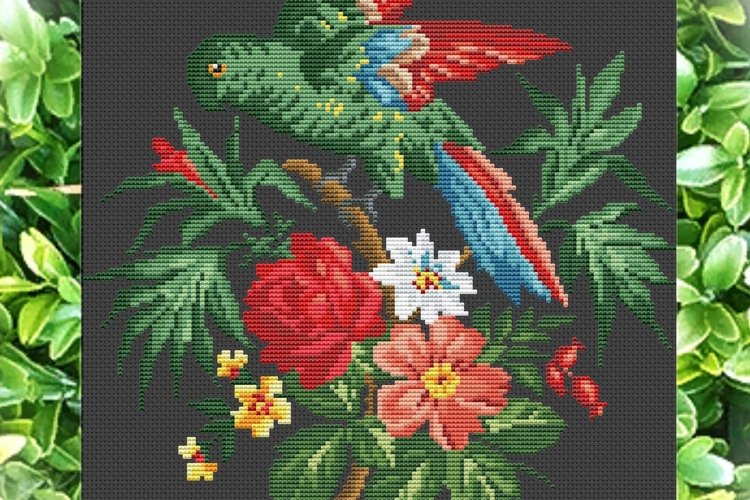 Vintage Cross Stitch Scheme Green parrot 3 example image 1