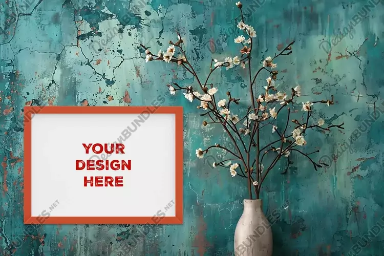 Frame mockup on grunge industrial wall with vase and flowers