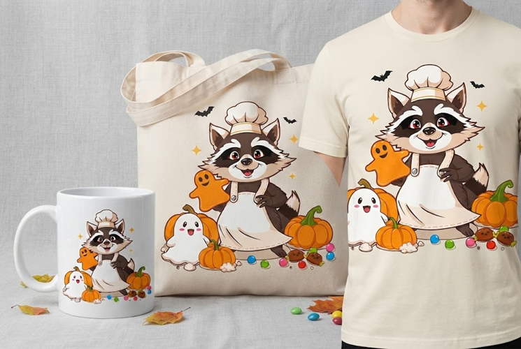 Halloween Raccoon Baker PNG | Ghost Pumpkin Cupcake Clipart