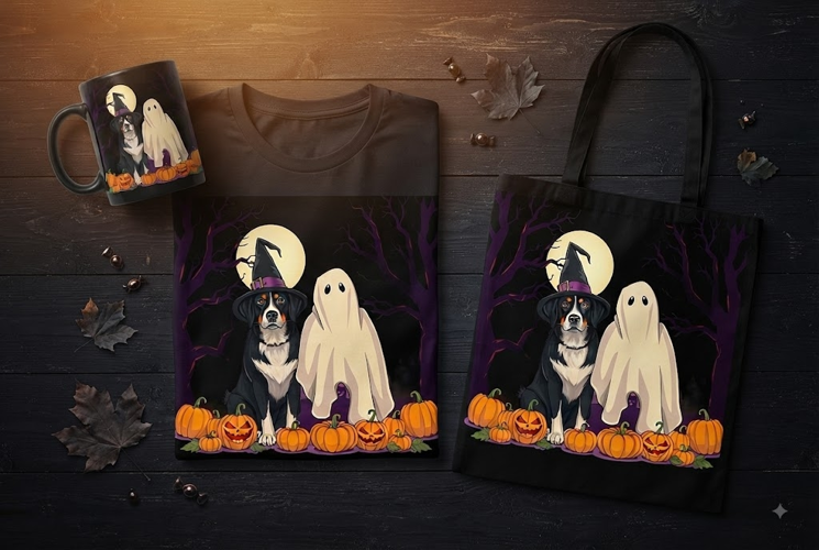 Halloween Dog & Ghost PNG | Witch Hat, Pumpkins & Moon