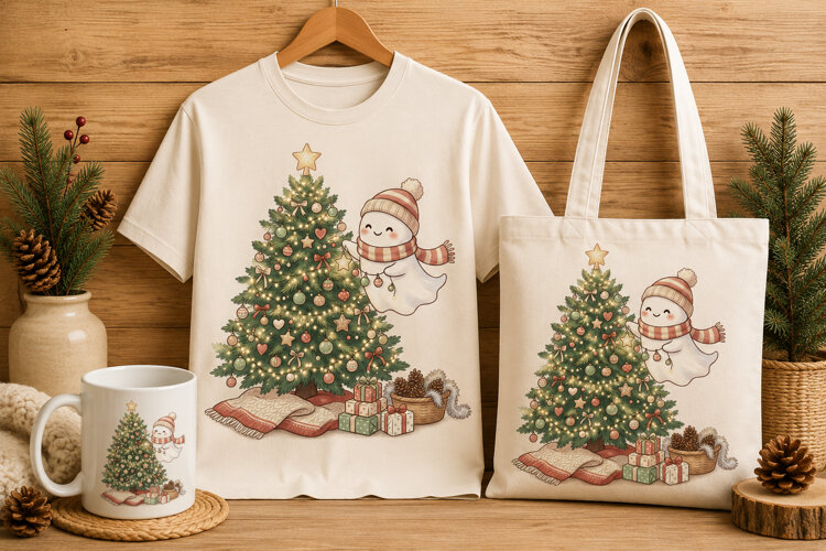 Cute Ghost Decorating Christmas Tree Spooky Holiday Art example image 1