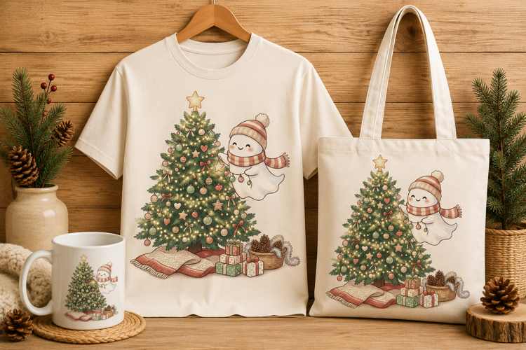 Cute Ghost Decorating Christmas Tree Spooky Holiday Art