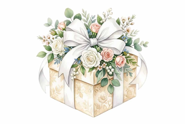 Watercolor elegant gift box with ribbon bow clipart