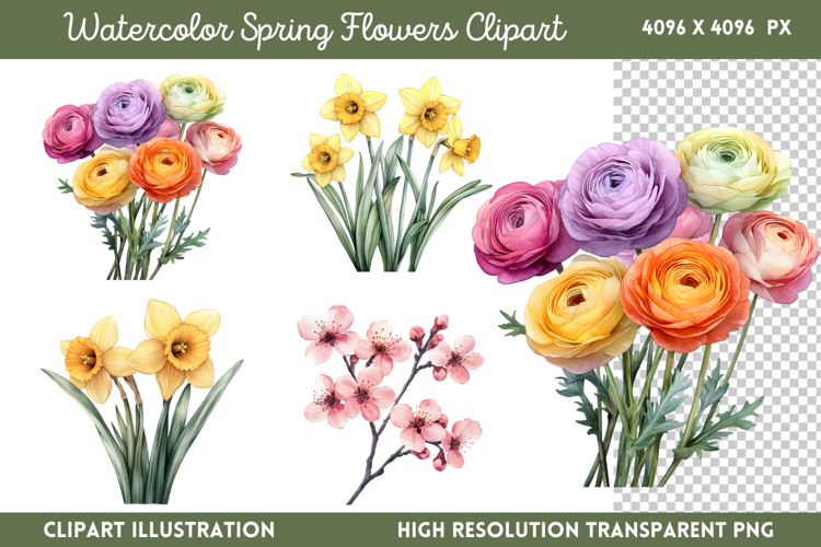 Watercolor Spring Flowers Clipart PNG