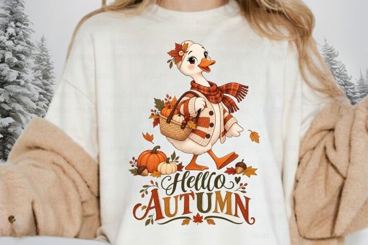 Hello Autumn Duck PNG, Cute Fall Goose with Pumpkin Basket example image 1
