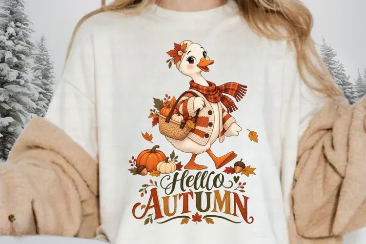 Hello Autumn Duck PNG, Cute Fall Goose with Pumpkin Basket