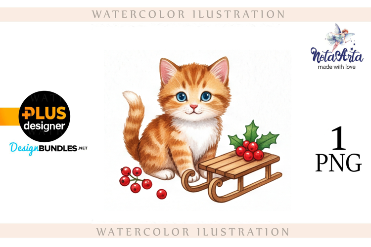 Christmas Kitten in Watercolor Style