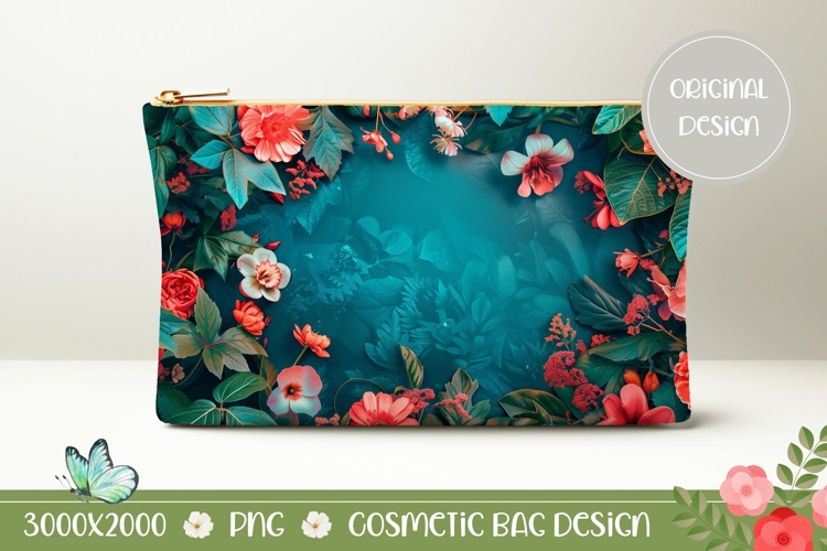 Pink Flowers Cosmetic Bag Print, Dark Blue Cosmetic Bag PNG