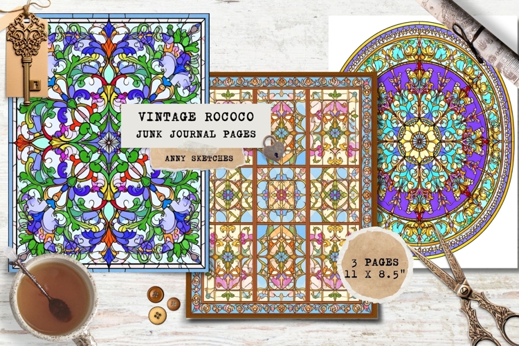 3 Rococo Stained Glass Journal Page Vintage Background
