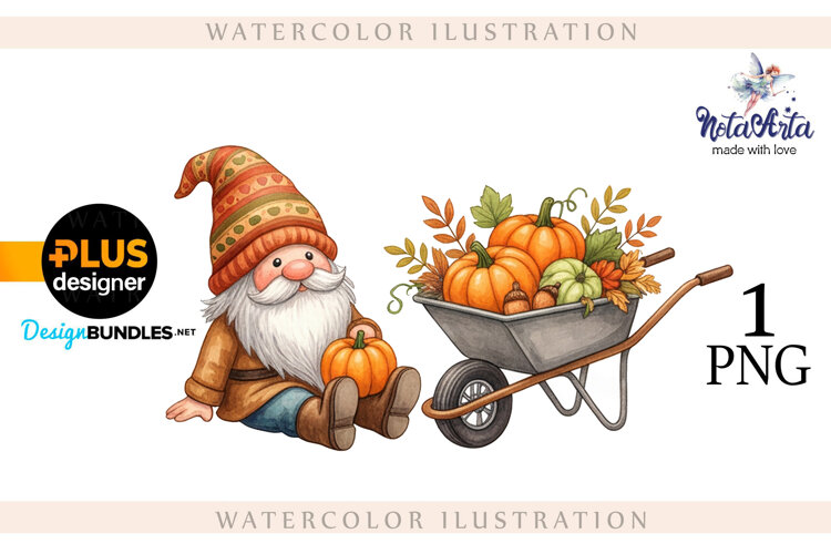Gnomes with Pumpkin Harvest in Watercolor Style example image 1