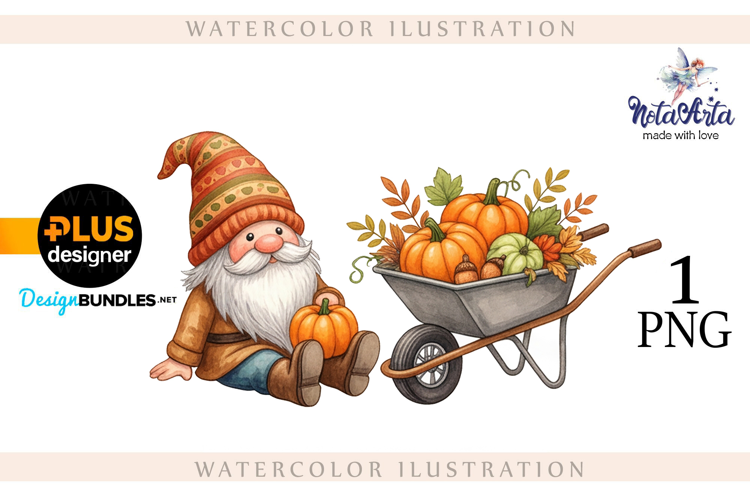 Gnomes with Pumpkin Harvest in Watercolor Style