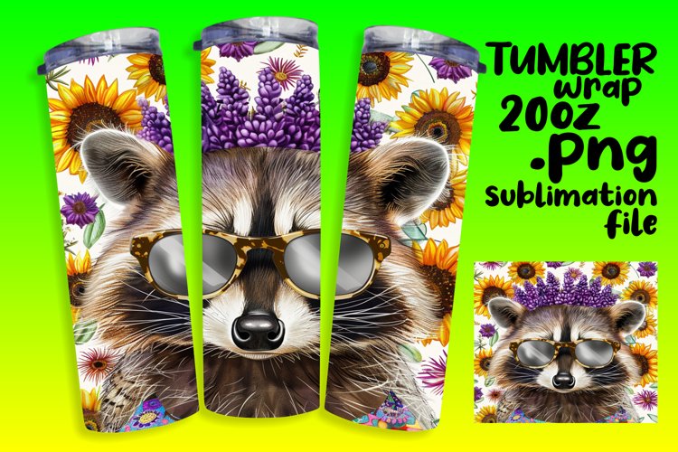 Raccoon with Flowers Tumbler Wrap for Sublimation example image 1