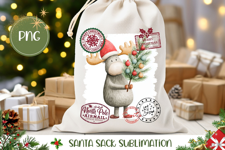 Cartoon Christmas Moose Santa Sack Design, Kids Gift Bag