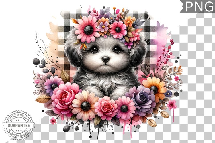 Dog With Flowers Sublimation - Clipart PNG Design