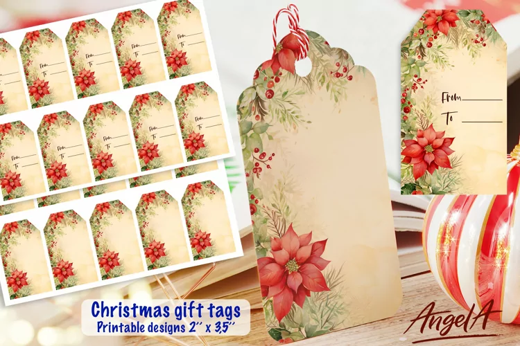 Printable Christmas gift tags, Christmas red poinsettia