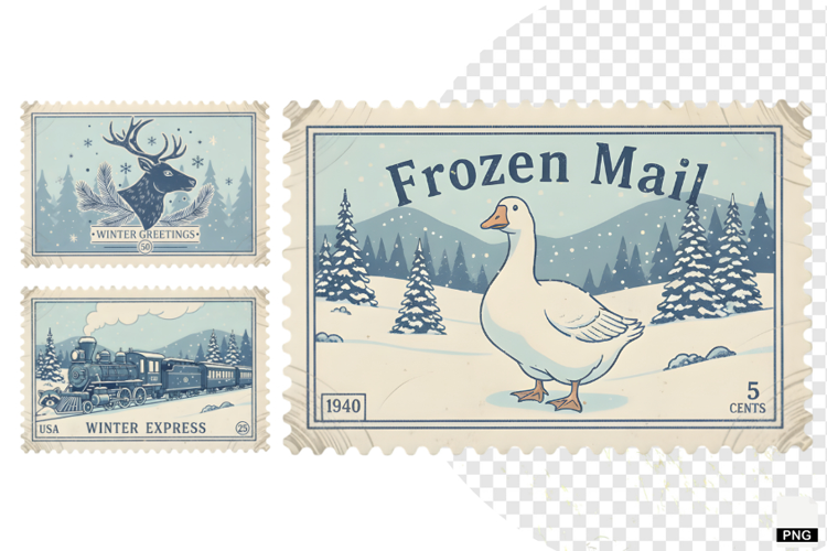 Vintage Winter Postage Stamps Clipart