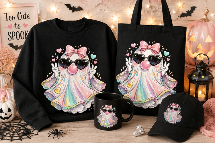Cute Pastel Ghost with Bubblegum PNG | Kawaii Halloween Subl