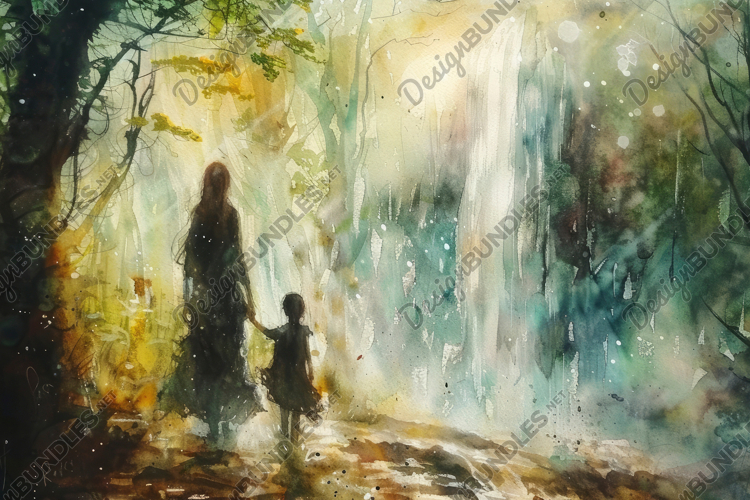 Watercolor Painting of Mother and Daughter Walking