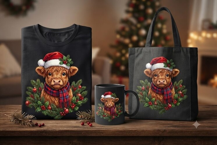 Christmas Highland Cow PNG with Santa Hat & Plaid Scarf example image 1