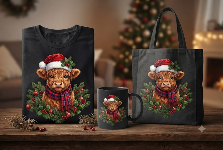 Christmas Highland Cow PNG with Santa Hat & Plaid Scarf