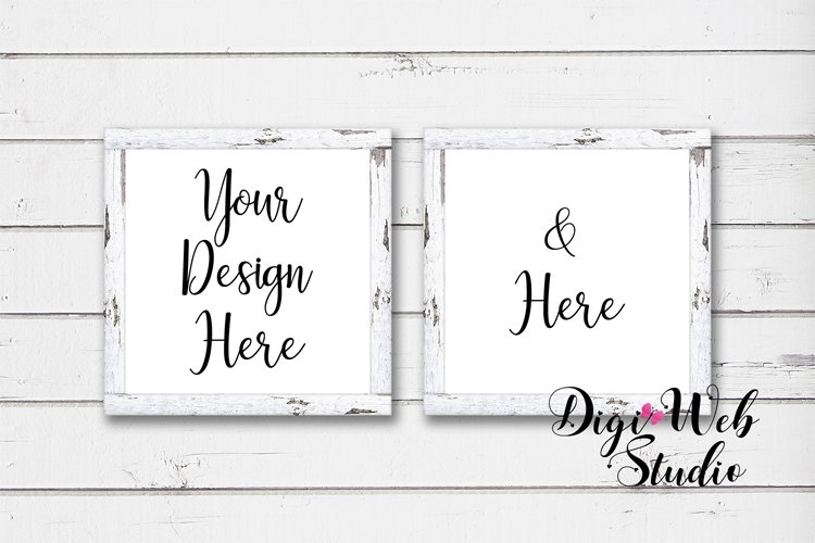 2 Wood Signs Mockup - 2 White Distressed Square Wood Frames example image 1