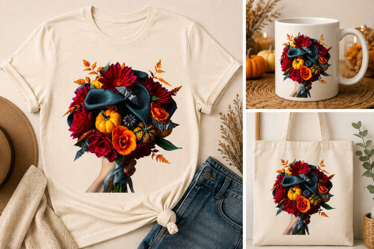 Halloween Pumpkin Witch Bouquet PNG | Autumn Floral Clipart example image 1