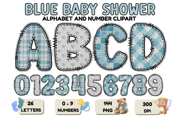Blue Baby Shower Alphabet Clipart PNG 300 DPI
