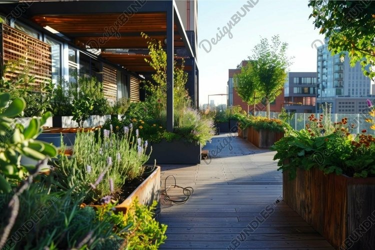Urban oasis, rooftop garden pathway in modern city example image 1