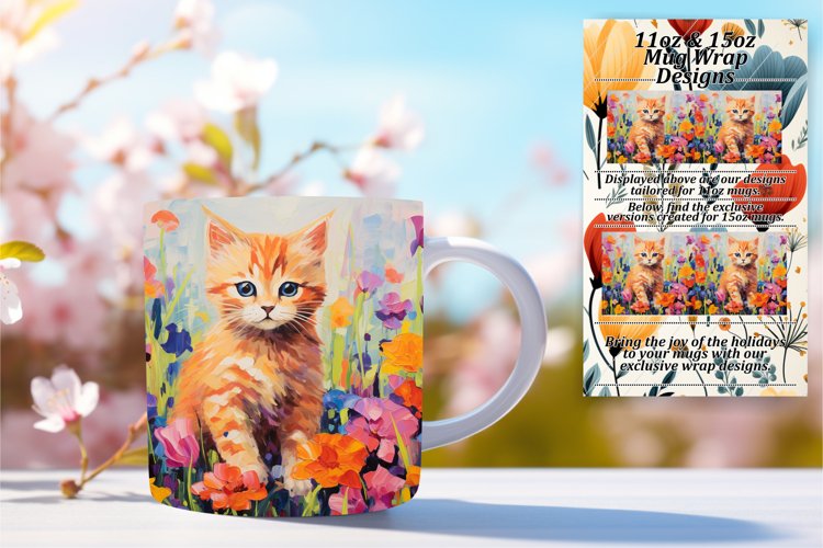 Adorable Floral Kitty Mug Wrap for 11oz/15oz